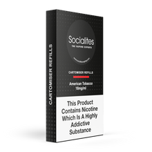 Load image into Gallery viewer, A pack of Socialites cartomiser refill cartridges with American tobacco flavor. The packaging is predominantly black with white and red text, and it warns that the product contains nicotine.