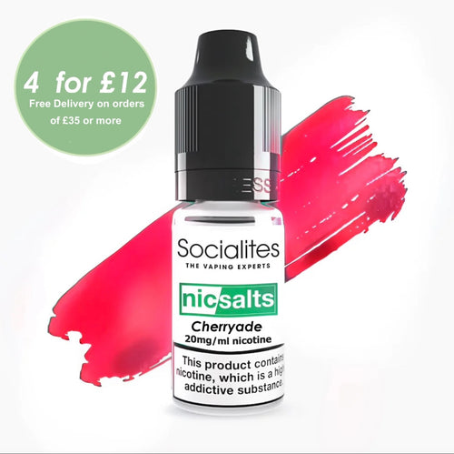 A 10ml bottle of SOCIALITES SALTS Cherryade nicotine salt e-liquid with a concentration of 20mg/ml, positioned in front of a swatch of red paint on a white background.