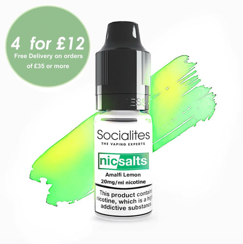 Bottle of Socialites Nic Salts Amalfi Lemon e-liquid on a white background