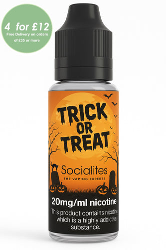 Vape juice bottle with 'Trick or Treat' label on an orange background