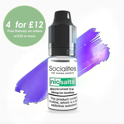 A 10ml bottle of SOCIALITES SALTS e-liquid with a blackcurrant ice flavor, indicated for use in MTL devices. The bottle is accompanied by a visual representation of blackcurrant and menthol flavors.
