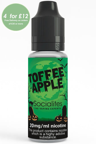 Bottle of Toffee Apple Socialites vape juice with green label and black cap.