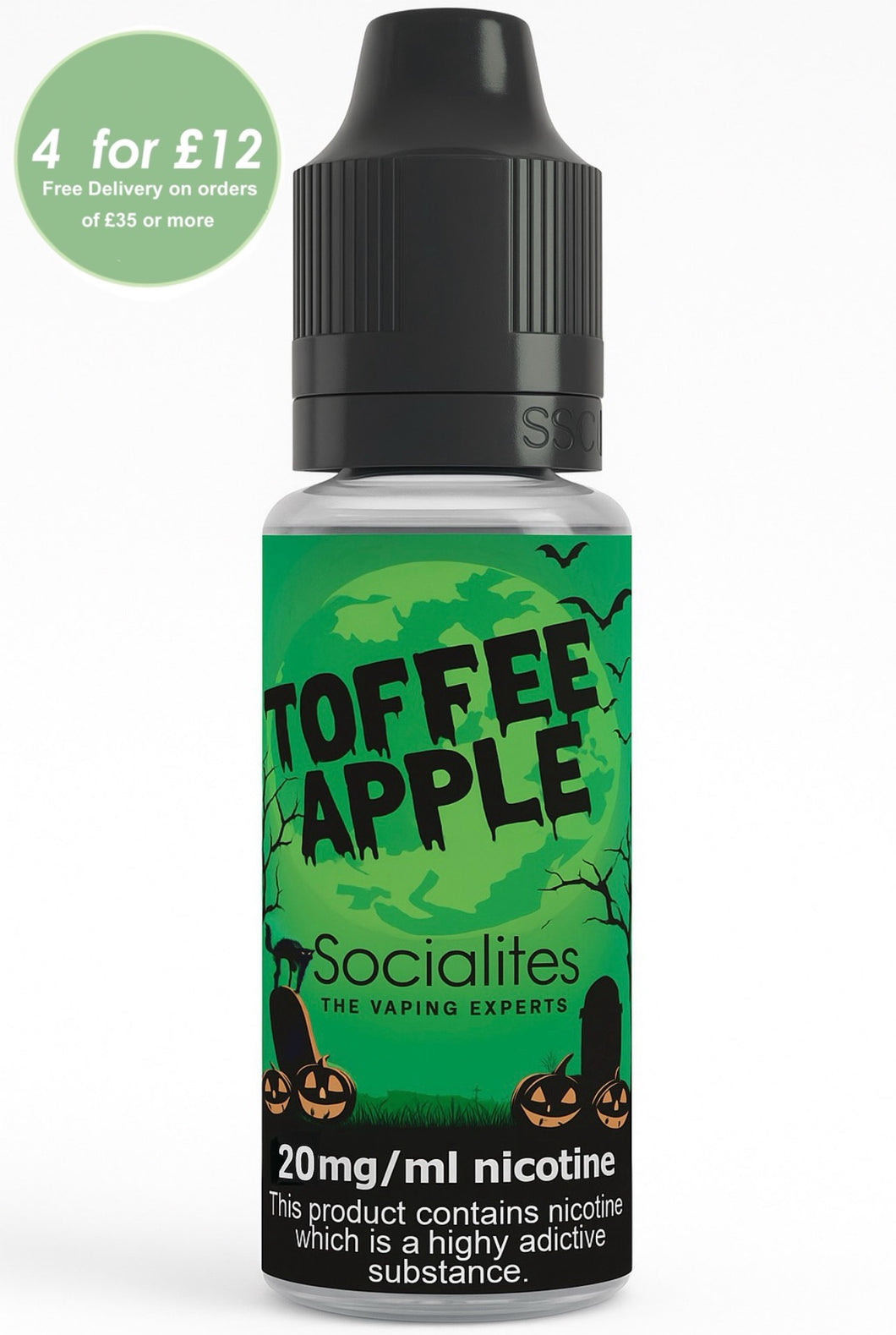 Bottle of Toffee Apple Socialites vape juice with green label and black cap.