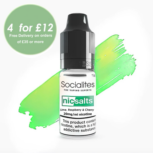 A 10ml bottle of SOCIALITES SALTS e-liquid with a flavor profile of Lime, Raspberry, and Cherry. The bottle is black with a clear label showing the brand and flavor information.