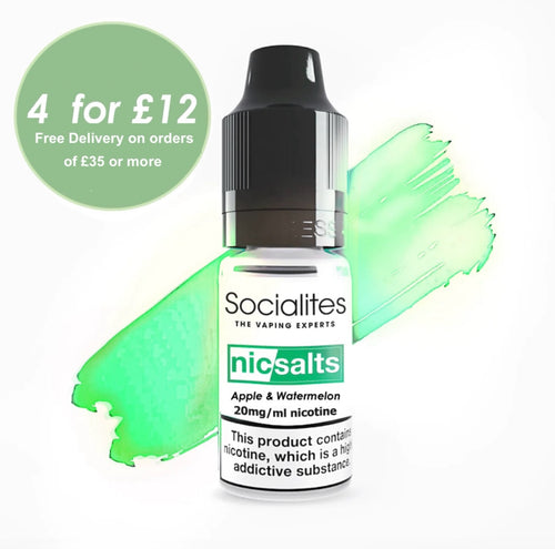 Nicotine salt e-liquid bottle with promotional text on a white background