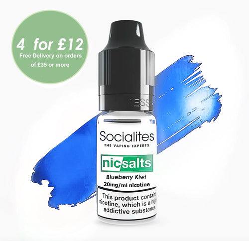A bottle of SOCIALITES SALTS Blueberry Kiwi e-liquid with a concentration of 20mg/ml, positioned in front of a colorful abstract background.