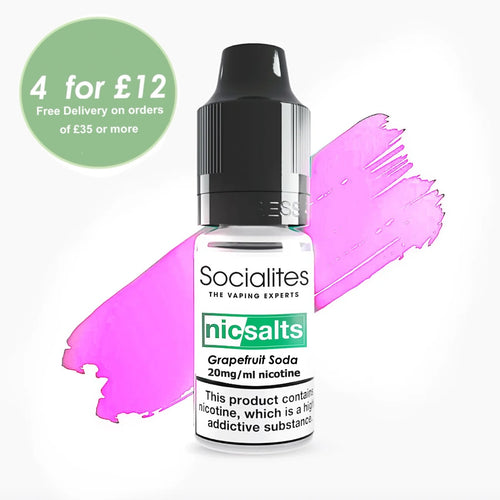 A bottle of SOCIALITES SALTS grapefruit soda flavour e-liquid, with a black dropper, on a background with pink paint splatters.