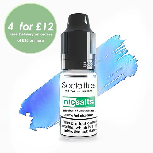 Bottle of Socialites nic salts e-liquid with blue and green abstract design on a white background